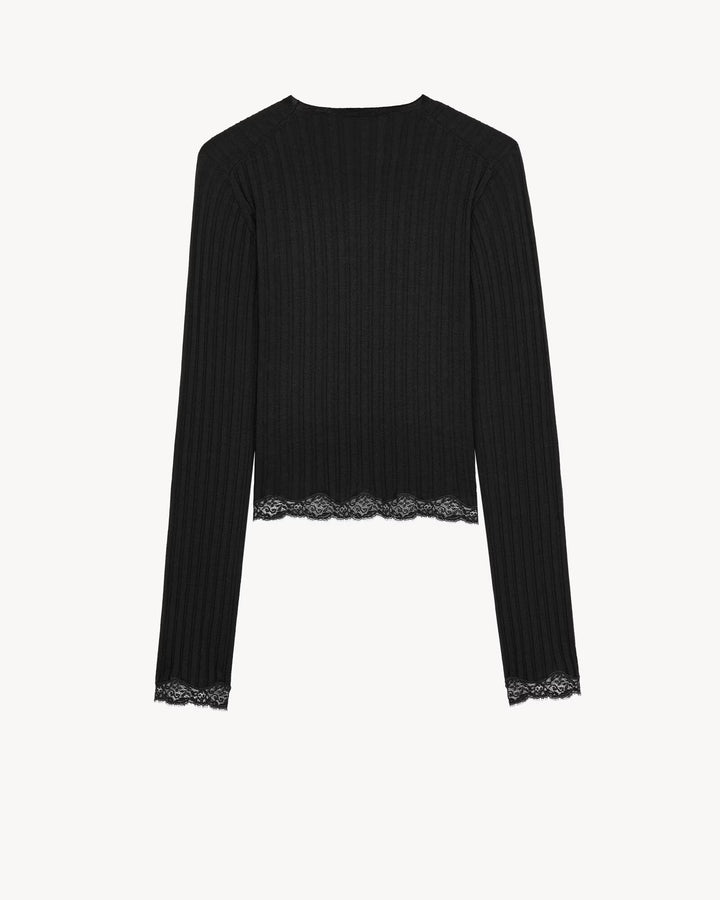 SAINT LAURENT - Haut CASSANDRE à dentelle en laine côtelée, cachemire et soie