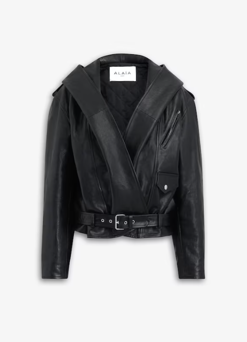 ALAÏA - VESTE BIKER À CAPUCHE EN CUIR PATINÉ