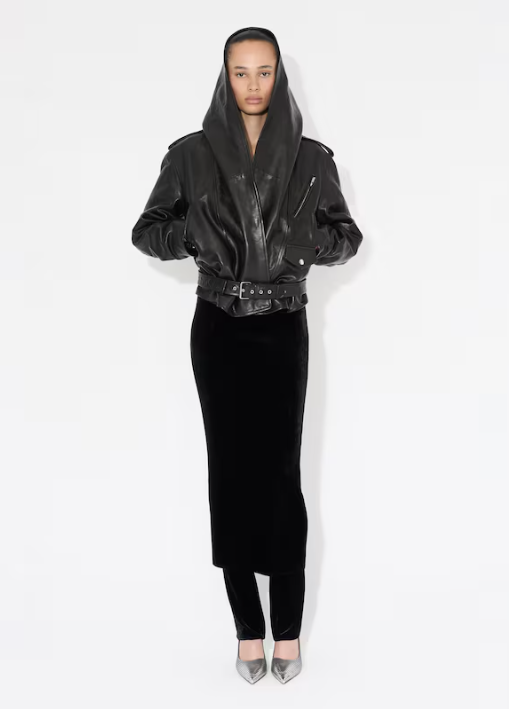 ALAÏA - VESTE BIKER À CAPUCHE EN CUIR PATINÉ