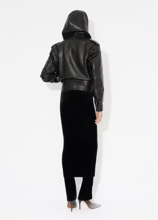 ALAÏA - VESTE BIKER À CAPUCHE EN CUIR PATINÉ