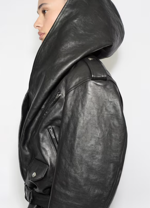 ALAÏA - VESTE BIKER À CAPUCHE EN CUIR PATINÉ