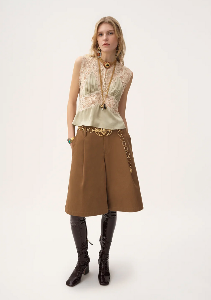 CHLOÉ - Top col V en satin de soie et dentelle