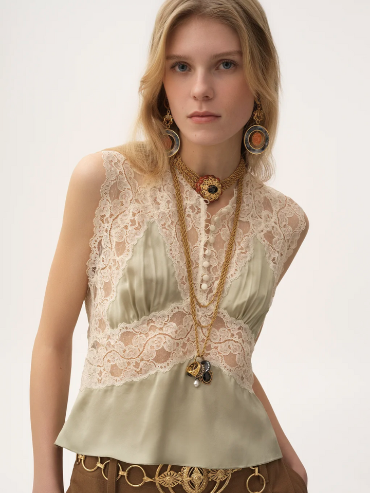 CHLOÉ - Top col V en satin de soie et dentelle