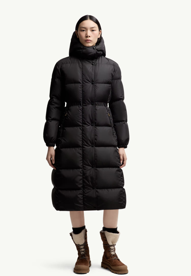 MONCLER - Doudoune longue à capuche et bords en laine Chamer