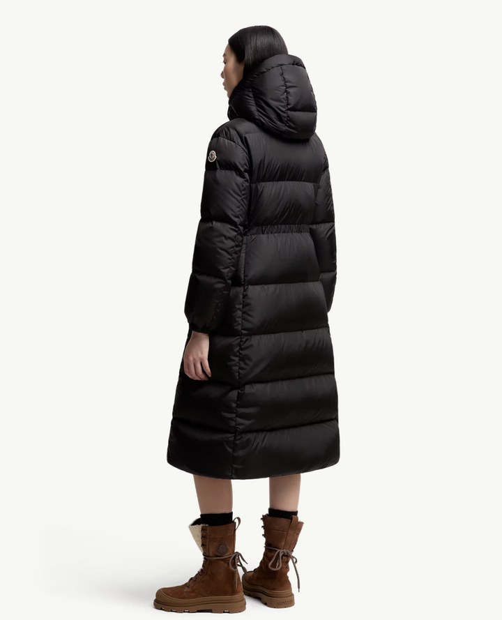 MONCLER - Doudoune longue à capuche et bords en laine Chamer