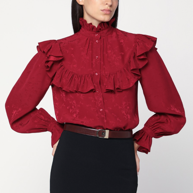 SAINT LAURENT - Chemise en soie damassée rouge