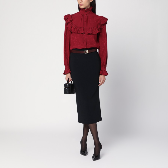 SAINT LAURENT - Chemise en soie damassée rouge