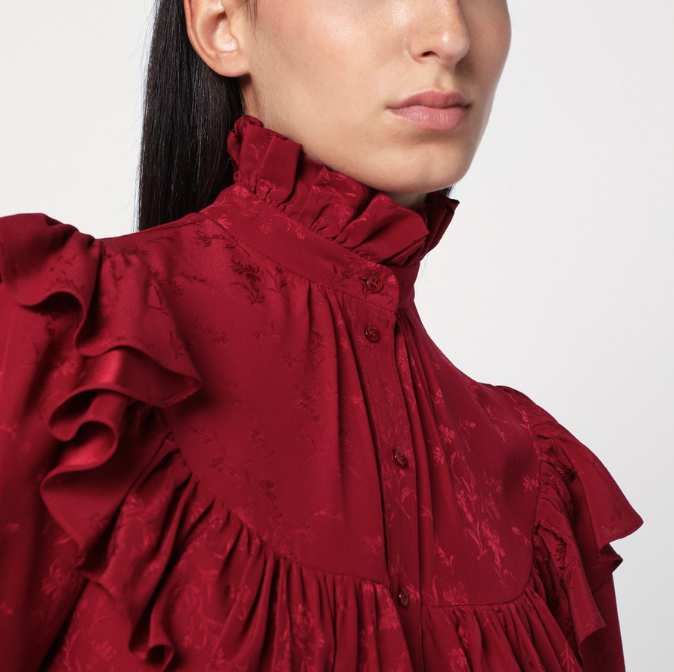 SAINT LAURENT - Chemise en soie damassée rouge