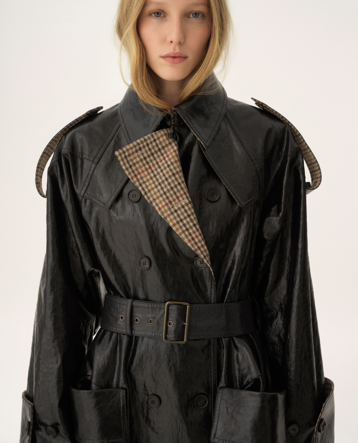 CHLOÉ - Manteau cavalier court croisé en lin enduit