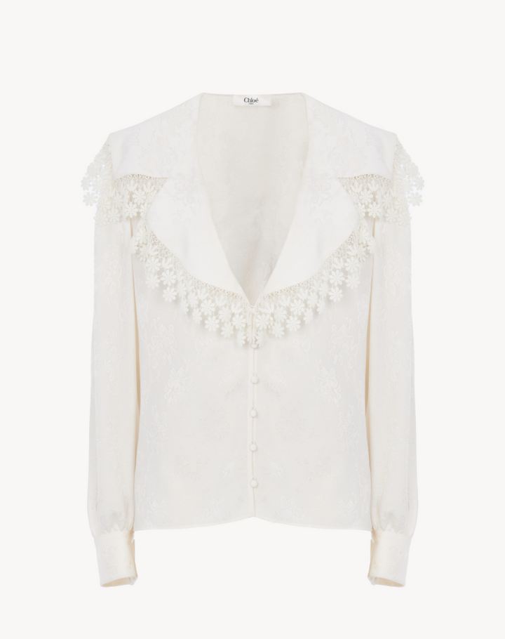 CHLOÉ - Blouse col oversize en soie jacquard et dentelle
