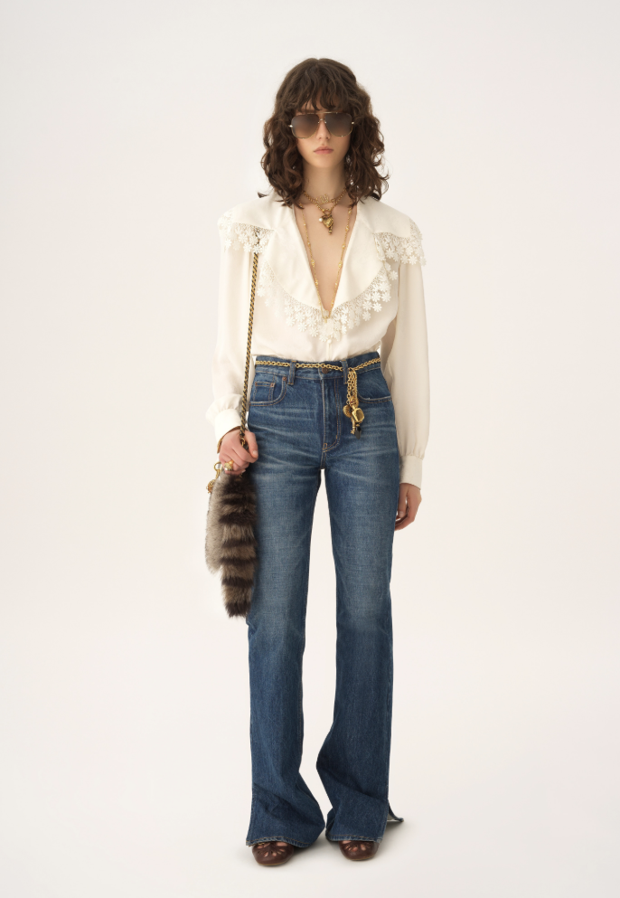 CHLOÉ - Blouse col oversize en soie jacquard et dentelle