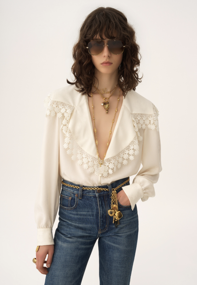 CHLOÉ - Blouse col oversize en soie jacquard et dentelle