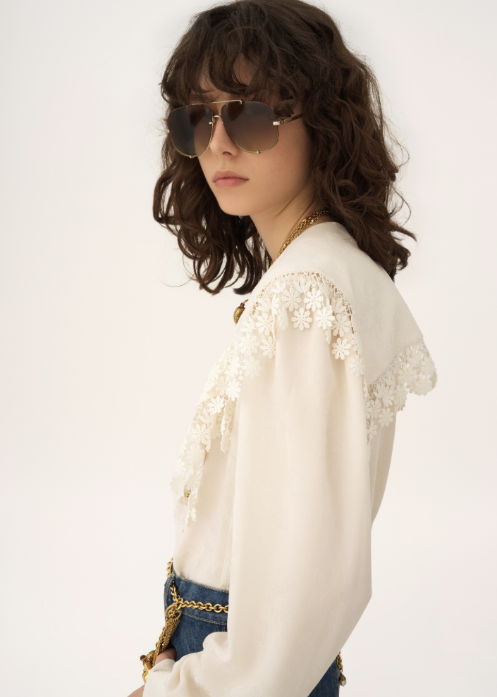 CHLOÉ - Blouse col oversize en soie jacquard et dentelle