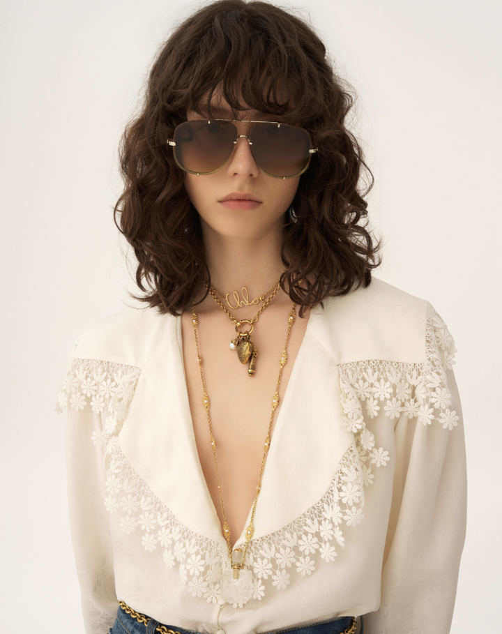 CHLOÉ - Blouse col oversize en soie jacquard et dentelle