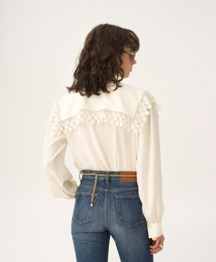 CHLOÉ - Blouse col oversize en soie jacquard et dentelle