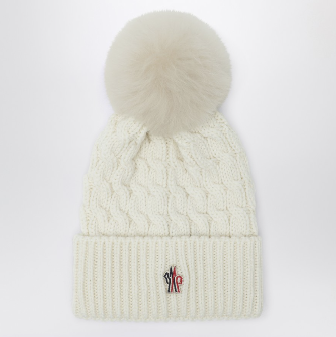 MONCLER - Bonnet blanc en laine avec pompon