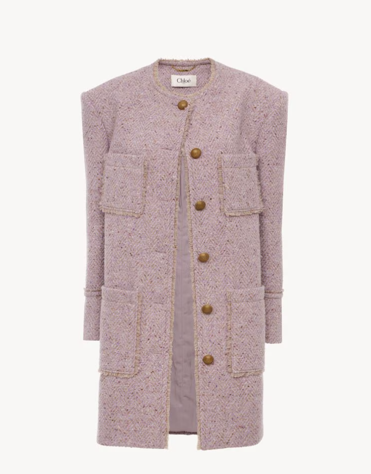 CHLOÉ - Manteau droit sans col en tweed chiné de laine