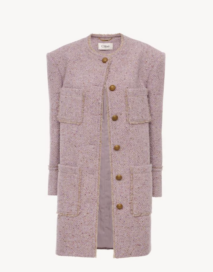 CHLOÉ - Manteau droit sans col en tweed chiné de laine