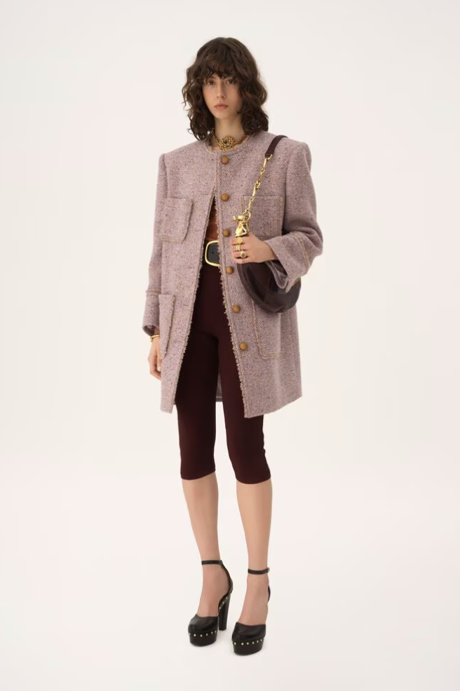 CHLOÉ - Manteau droit sans col en tweed chiné de laine