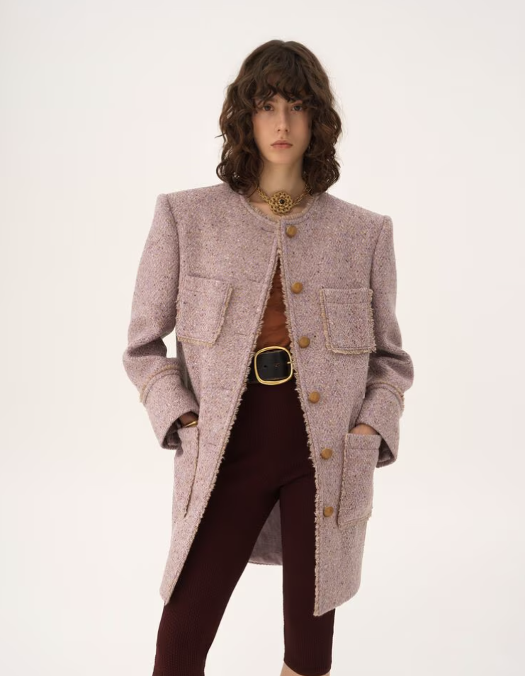 CHLOÉ - Manteau droit sans col en tweed chiné de laine