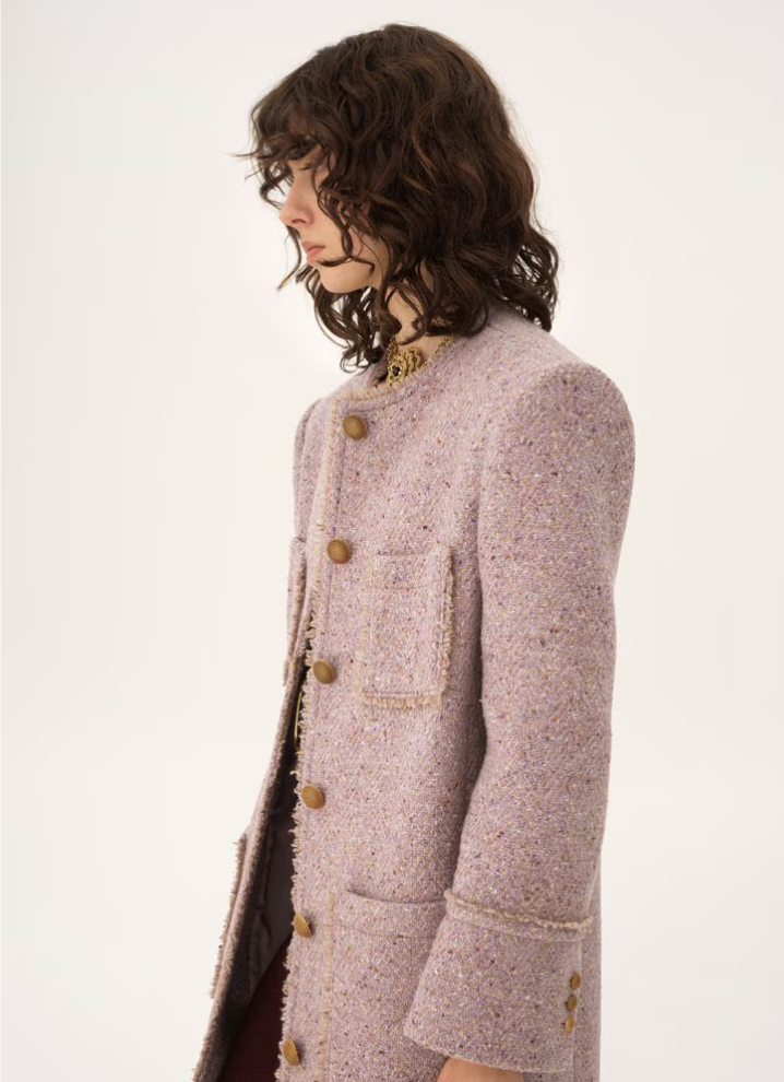 CHLOÉ - Manteau droit sans col en tweed chiné de laine