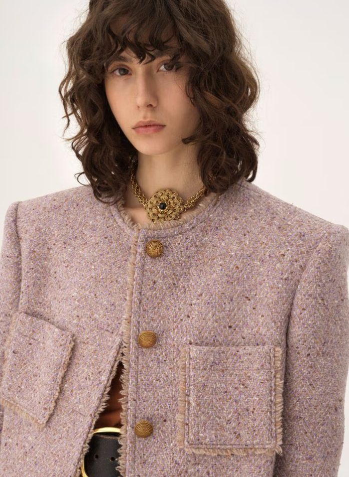 CHLOÉ - Manteau droit sans col en tweed chiné de laine