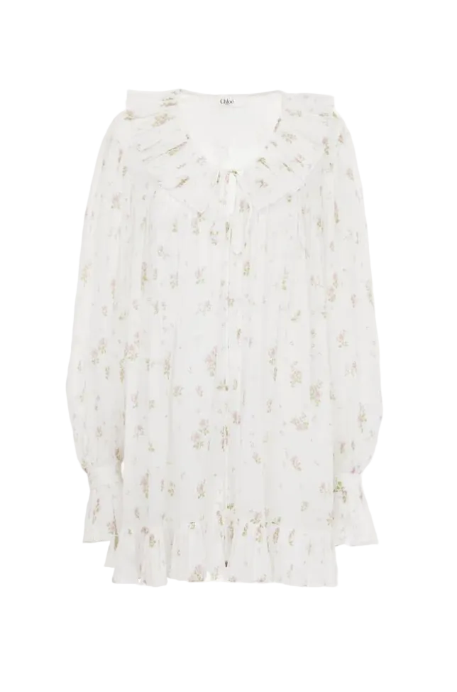 CHLOÉ - Mini robe manches longues froncée en voile de coton