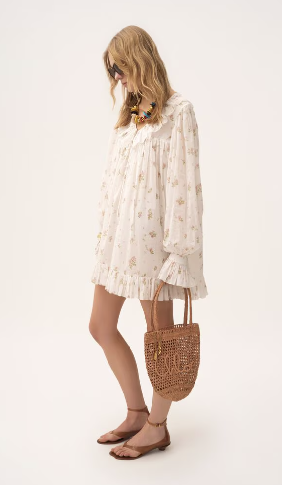 CHLOÉ - Mini robe manches longues froncée en voile de coton