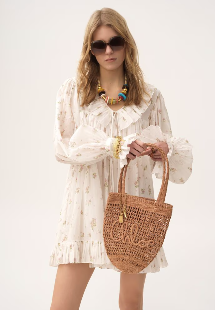 CHLOÉ - Mini robe manches longues froncée en voile de coton