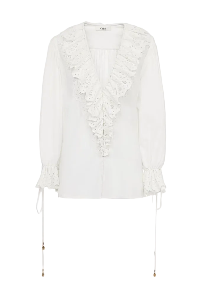CHLOÉ - Top col V manches bouffantes en voile de coton