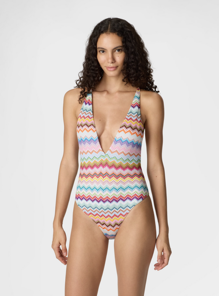 MISSONI - Maillot une pièce en viscose lamé à motif zigzag effet pixel avec décolleté en V