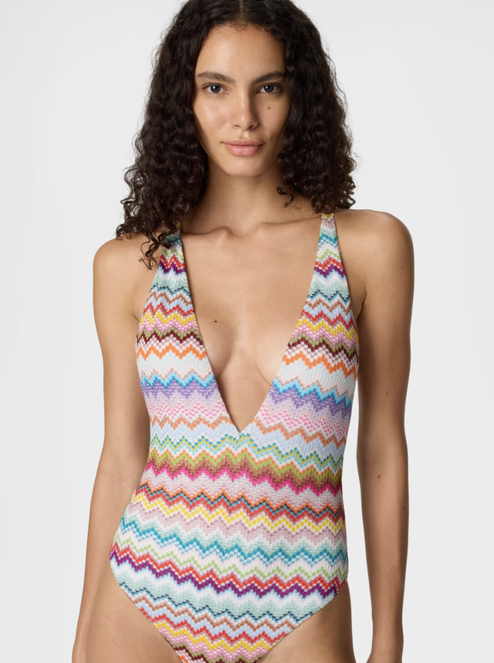 MISSONI - Maillot une pièce en viscose lamé à motif zigzag effet pixel avec décolleté en V