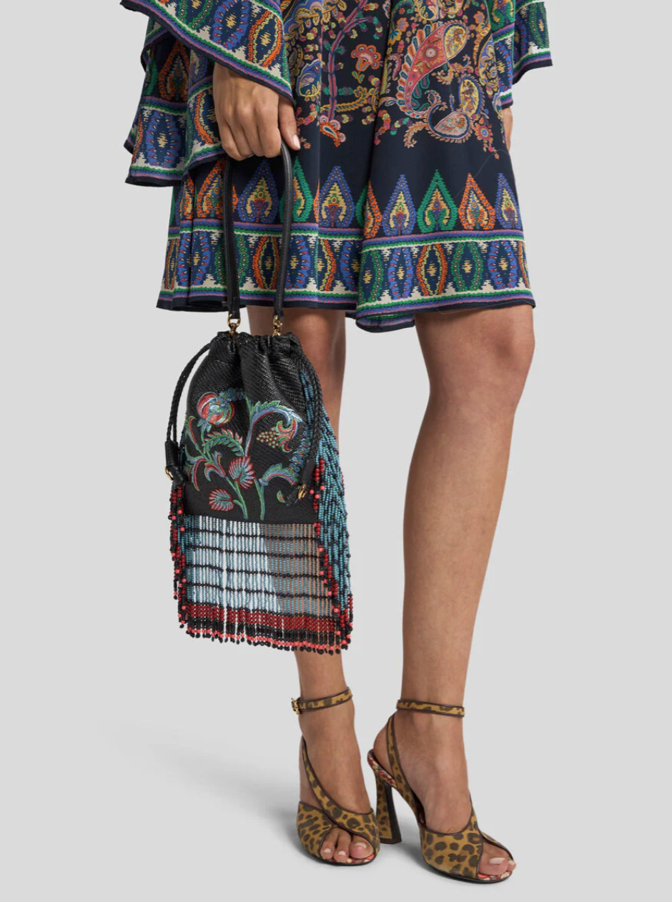 ETRO - SAC KALISPERA EN RAPHIA À BRODERIE ET FRANGES PETIT MODÈLE