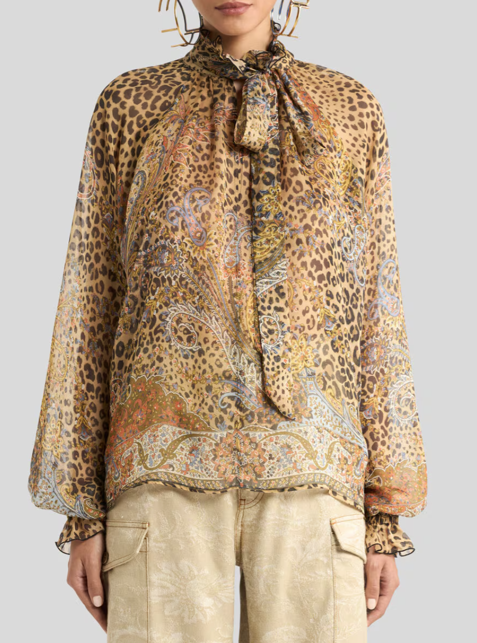 ETRO - BLOUSE EN MOUSSELINE DE SOIE À COL LAVALLIÈRE ET MOTIF PAISLEY ANIMALIER