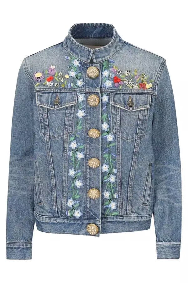 VALENTINO - VESTE EN JEAN BOUTONNÉE À BRODERIE FLORALE