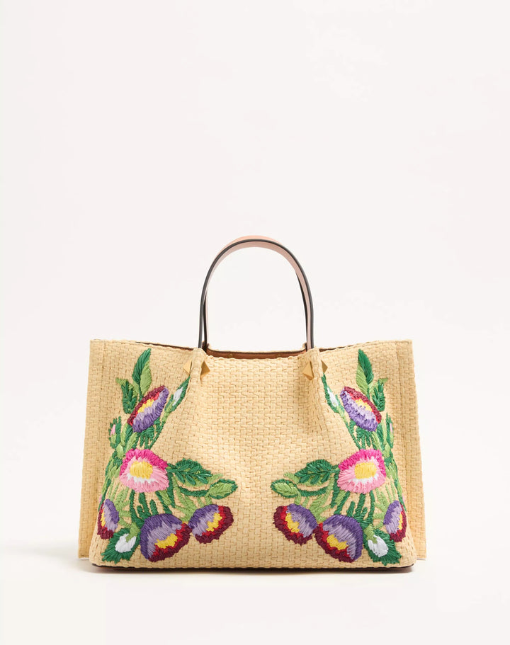 VALENTINO - Cabas Moyen En Raphia Avec Broderie Florale