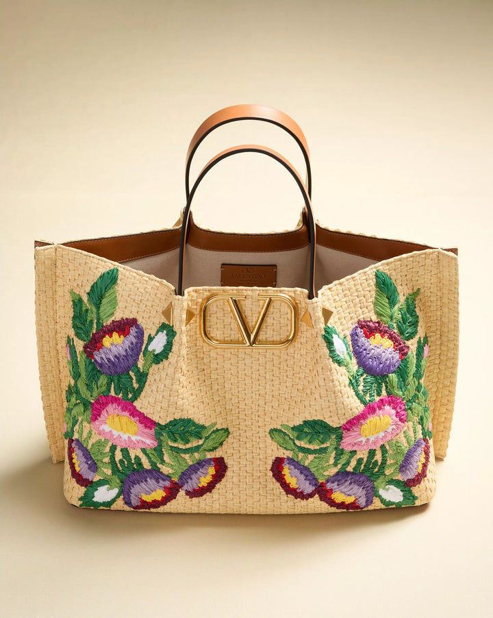 VALENTINO - Cabas Moyen En Raphia Avec Broderie Florale