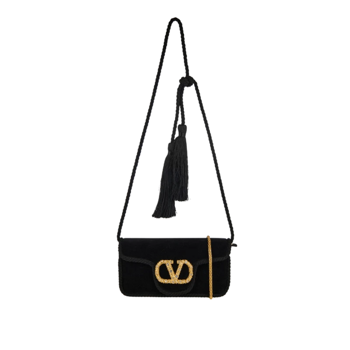 VALENTINO - Sac porté épaule bandoulière Loco velours lisse noir Vlogo doré cristaux
