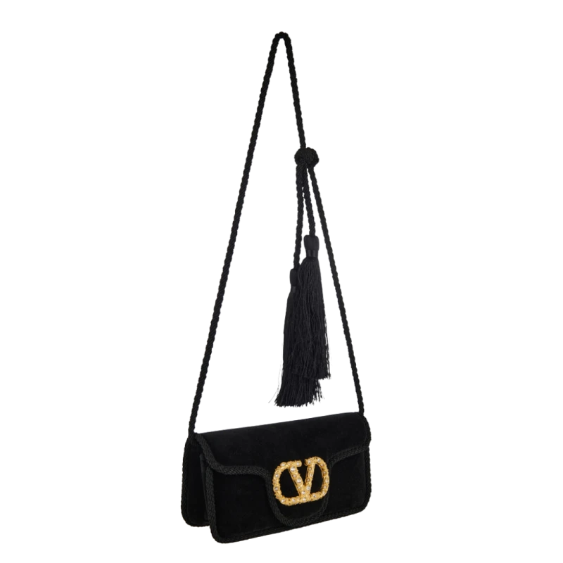 VALENTINO - Sac porté épaule bandoulière Loco velours lisse noir Vlogo doré cristaux