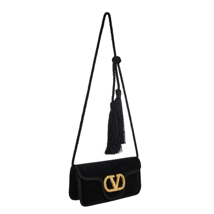 VALENTINO - Sac porté épaule bandoulière Loco velours lisse noir Vlogo doré cristaux