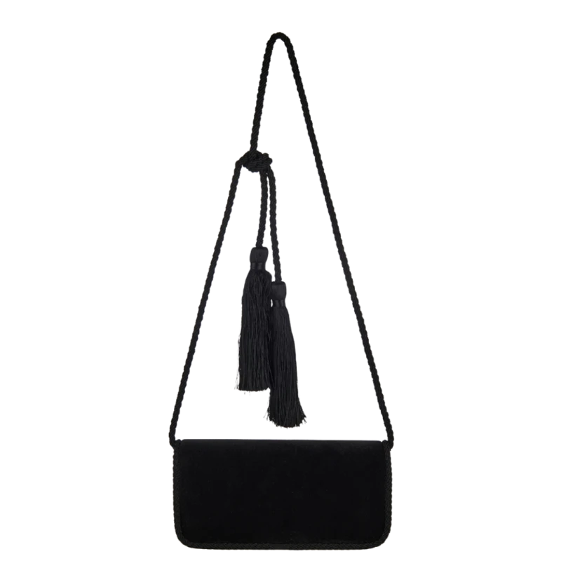 VALENTINO - Sac porté épaule bandoulière Loco velours lisse noir Vlogo doré cristaux