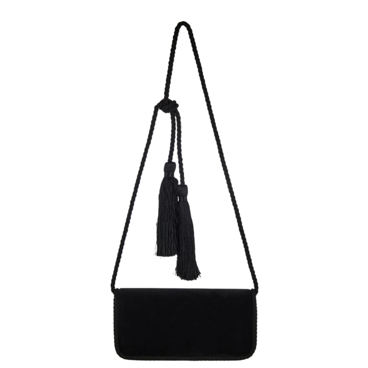 VALENTINO - Sac porté épaule bandoulière Loco velours lisse noir Vlogo doré cristaux
