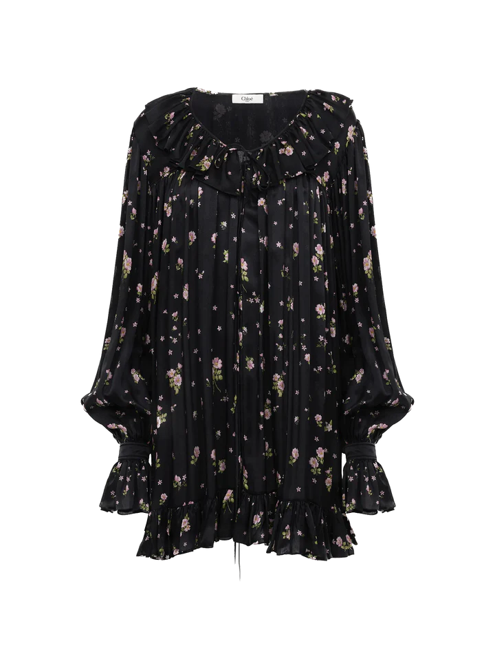 CHLOÉ - Mini robe manches longues froncée en charmeuse de soie
