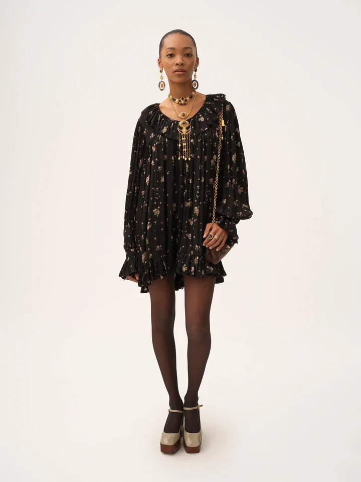 CHLOÉ - Mini robe manches longues froncée en charmeuse de soie