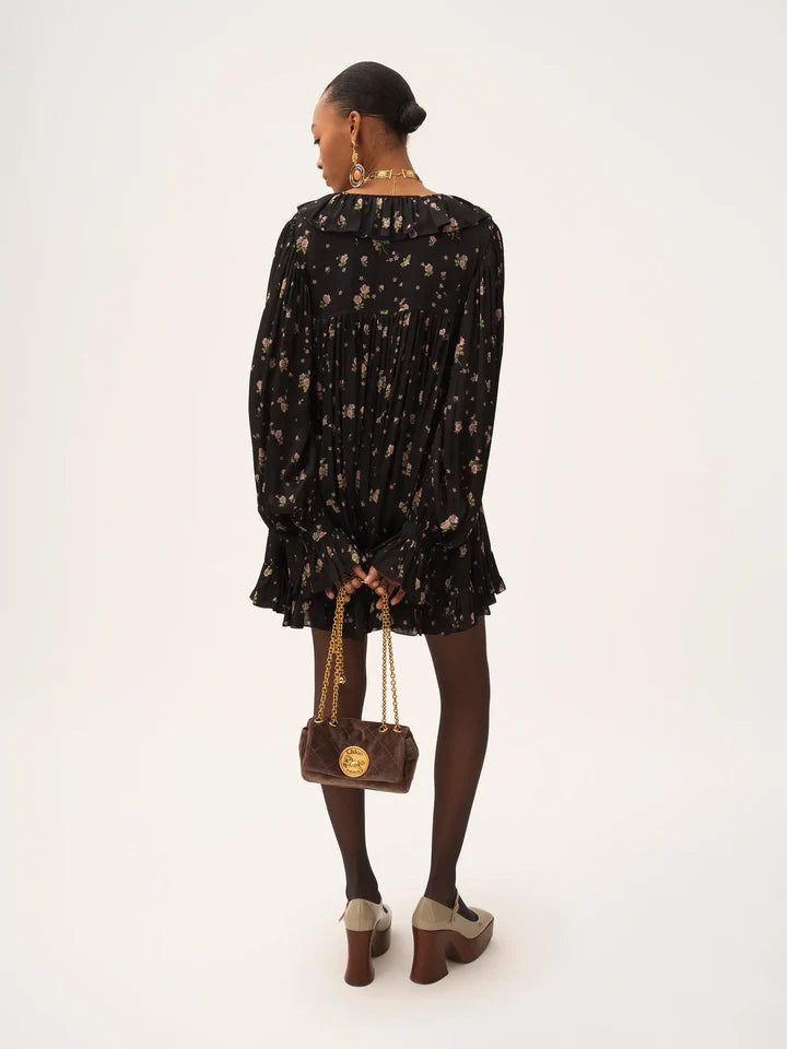 CHLOÉ - Mini robe manches longues froncée en charmeuse de soie