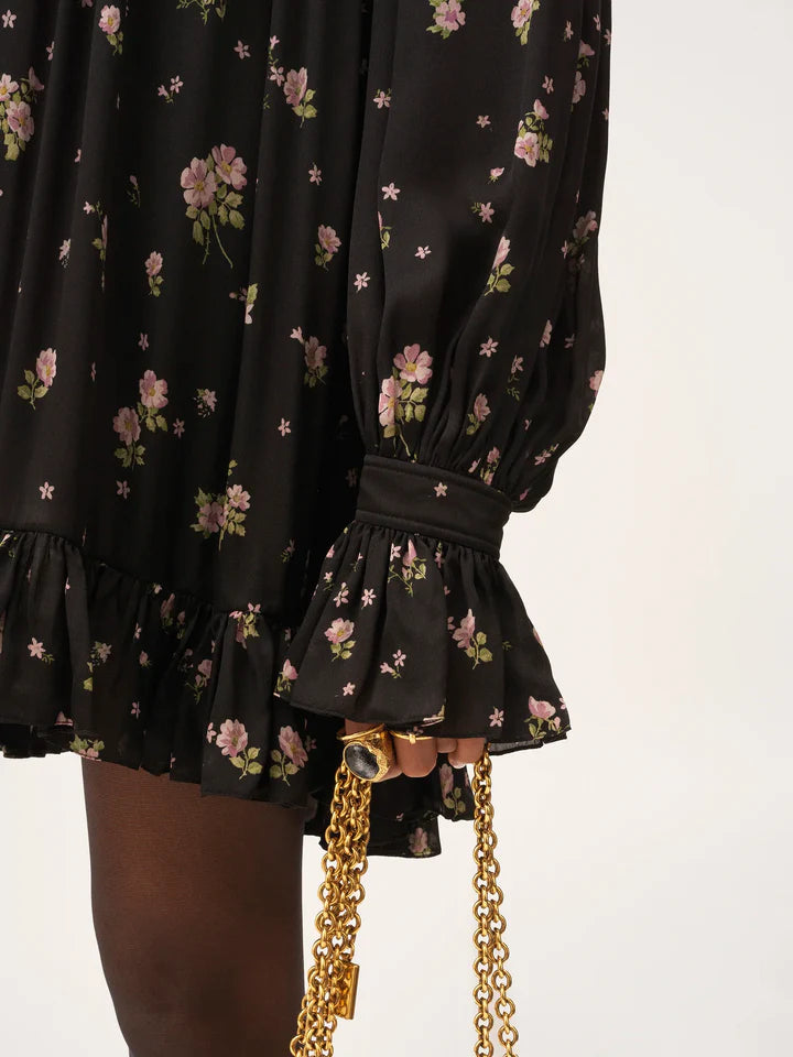 CHLOÉ - Mini robe manches longues froncée en charmeuse de soie